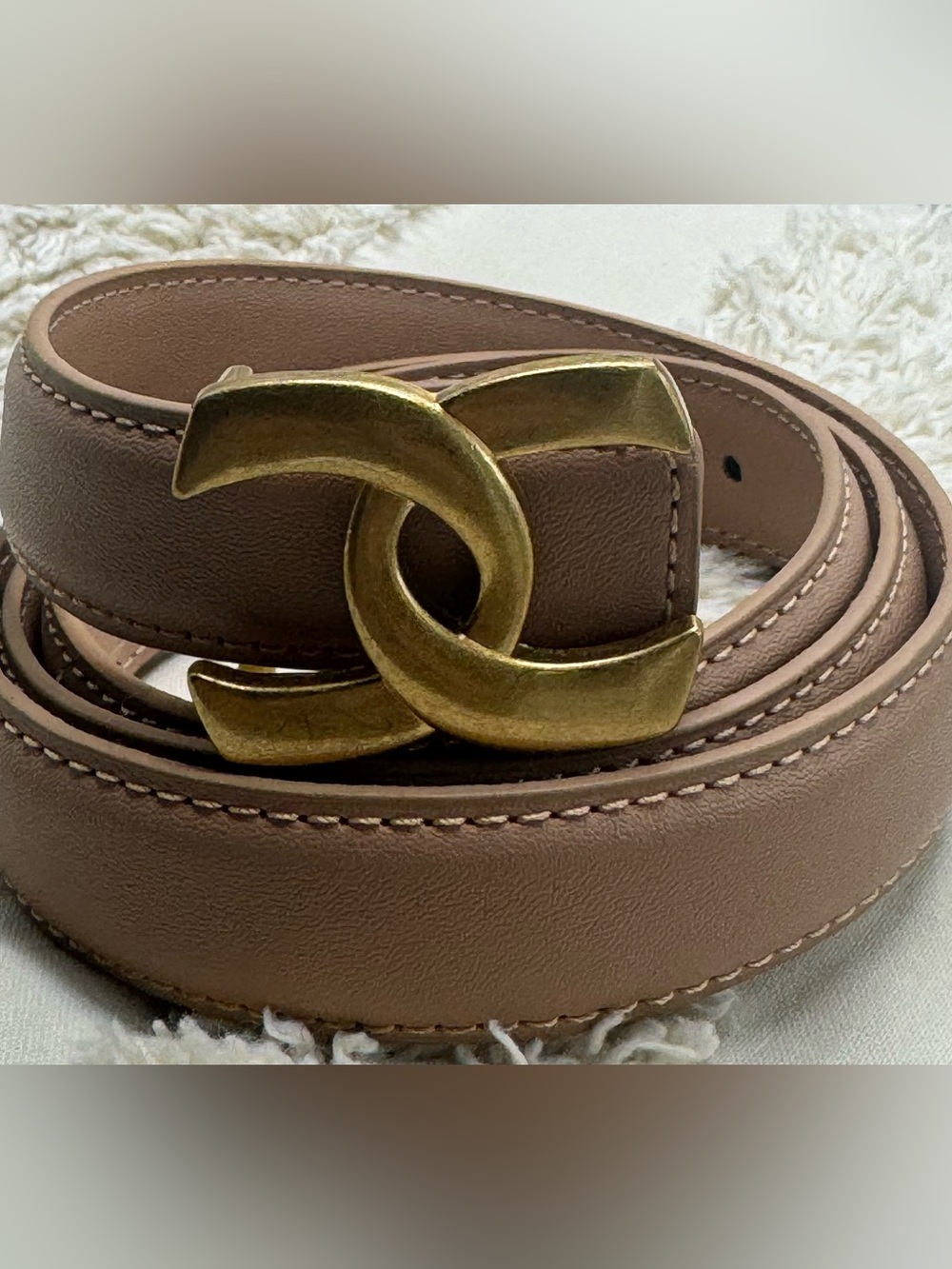 Women’s Warm Beige Adjustable Waist Belt Gold Buckle